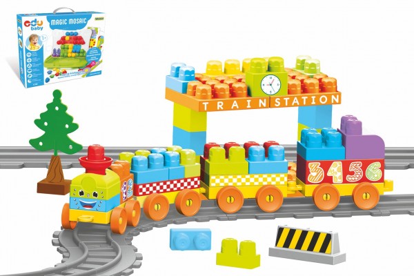 Baby Blocks vlak s kolejemi a stavebnicí plast délka dráhy 3,3m s doplňky v krabici 